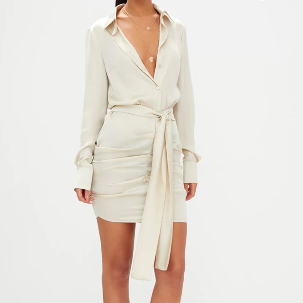 Champagne satin ruched shirt dress